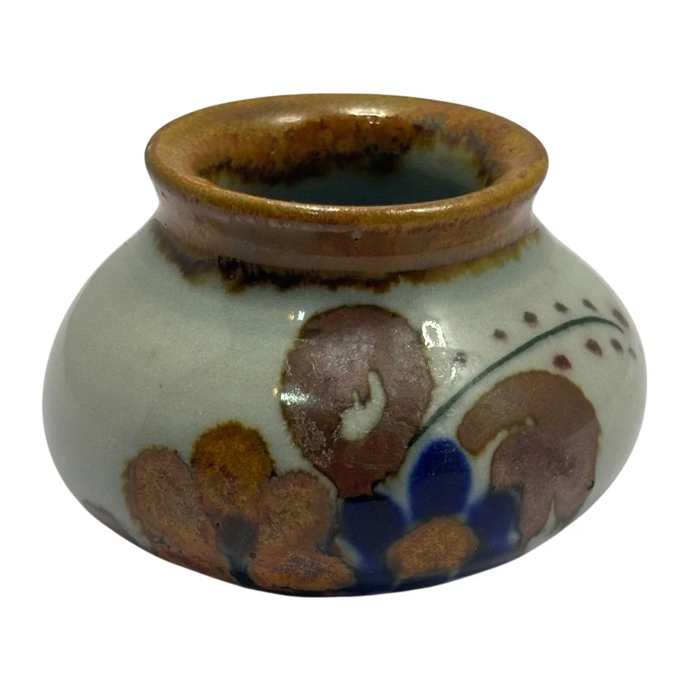 Vintage Mexico Studio Pottery Bud Vase Hand Painted Floral Stoneware Mini 2 Inch